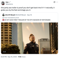 A "quote-tweet":https://knowyourmeme.com/memes/quote-retweets-qrts joking about the season 9 promotional trailer for ABC on Hulu's show _9-1-1_, in which a meteor shower rains down on the city.