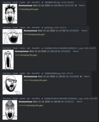 An early example of the phrase "bumping this gem" being used alongside Soyjaks on 4chan's /qa/ board in July 2020. The word "gem" was used to describe high quality, humorous posts that received the approval of the wider Soyjak.party community. 