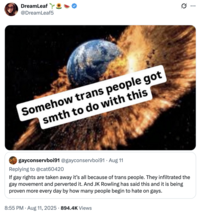 X user @DreamLeaf5 tweeted the "Somehow Trans People Got Smth To Do With This" meme in response to a post that read, "If gay rights are taken away it’s all because of trans people. They infiltrated the gay movement and perverted it. And JK Rowling has said this and it is being proven more every day by how many people begin to hate on gays."
