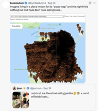 X user @bumbadum14 tweeted, "Imagine living in a place known for its “poop map” and the nightlife is nothing but mid hapa tech hoes eating kiwis…" in response to X user @jennsun's post about going to a "kiwi eating party" in San Francisco.