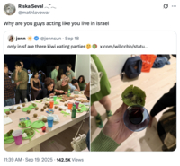 X user @mathlovewar tweeted, "Why are you guys acting like you live in Israel," in response to X user @jennsun's post about going to a "kiwi eating party" in San Francisco.