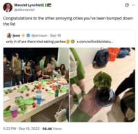X user @dklmarxist tweeted, "Congratulations to the other annoying cities you’ve been bumped down the list," in response to X user @jennsun's post about going to a "kiwi eating party" in San Francisco.