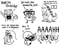 RUN! It's Godzilla!! It looks like Godzilla, but- due to international Copyright laws, it's not. STILL WE SHOULD RUN LIKE IT IS GODZILLA! B tho it isn't. 200 AAAAHH