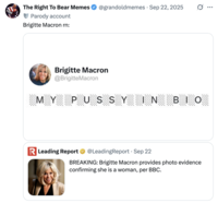 X user @grandoldmemes posted a "My P---- In Bio":https://knowyourmeme.com/memes/my-p-----in-bio meme reacting to the LeadingReport post, writing, "Brigitte Macron rn:" and gathering over 70,000 likes in two days.