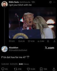A reply to the "tweet":https://knowyourmeme.com/memes/sites/twitter-x from user @eldissula, who captioned an image of "Donald Trump":https://knowyourmeme.com/memes/people/donald-trump pointing up at the sky while embracing Erika Kirk.