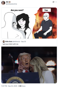 A "quote-tweet":https://knowyourmeme.com/memes/quote-retweets-qrts depicting "Charlie Kirk":https://knowyourmeme.com/memes/people/charlie-kirk watching his wife, Erika Kirk, and "Donald Trump":https://knowyourmeme.com/memes/people/donald-trump embracing each other from a "Cuck Chair":https://knowyourmeme.com/memes/cuck-chair.