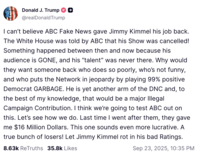 A "Truth Social":https://knowyourmeme.com/memes/sites/truth-social post from "Donald Trump":https://knowyourmeme.com/memes/people/donald-trump about "_Jimmy Kimmel Live!_":https://knowyourmeme.com/memes/people/jimmy-kimmel returning to ABC.