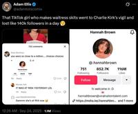 Screenshots showing Hannah Brown's loss of followers from the Charlie Kirk controversy.