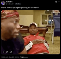 A "tweet":https://knowyourmeme.com/memes/sites/twitter-x about the lyrics of the "Young Thug":https://knowyourmeme.com/memes/people/young-thug song "Ninja" in which he repeats the n-word with the "hard R."