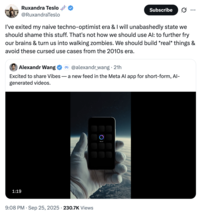 X user @RuxandraTeslo tweeted, "I've exited my naive techno-optimist era & I will unabashedly state we should shame this stuff. That's not how we should use AI: to further fry our brains & turn us into walking zombies. We should build *real* things & avoid these cursed use cases from the 2010s era."