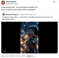 X user @AbroadInJapan tweeted, "Introducing SLOP - the new feed from META AI. How on earth is this a $1.8 trillion company?"