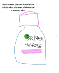 August 23rd, 2025, Instagram post by GarnierUK that shows a crudely drawn bottle of micellar water alongside a caption that read, "our content creator is on leave, this what the rest of the team came up with."