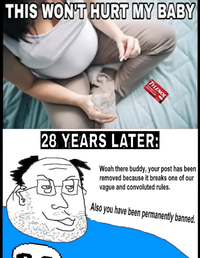 THIS WON'T HURT MY BABY TYLENOL 28 YEARS LATER: Woah there buddy, your post has been removed because it breaks one of our vague and convoluted rules. Also you have been permanently banned.