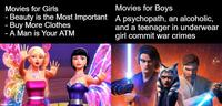 Movies for Girls - - Beauty is the Most Important - Buy More Clothes - A Man is Your ATM Movies for Boys A psychopath, an alcoholic, and a teenager in underwear girl commit war crimes imgflip.com