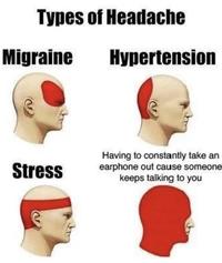 Types of Headache Migraine Hypertension Stress Having to constantly take an earphone out cause someone keeps talking to you