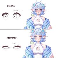 A version of the Waifu vs. Mommy eyes meme. The meme compares two images of Eerie Canary, a VTuber.
