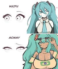 A version of the Waifu vs. Mommy eyes meme. The meme compares Hatsune Miku to Brazilian Miku.