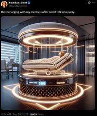 A meme by @SundaeDivine. The meme reads, "Me recharging with my medbed after small talk at a party."