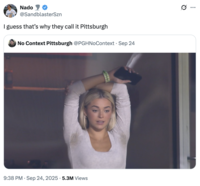 A "quote-tweet":https://knowyourmeme.com/memes/quote-retweets-qrts of the image of gymnast "Livvy Dunne":https://knowyourmeme.com/memes/people/olivia-livvy-dunne with her arms up, showing her armpits with pit stains at a Pittsburgh Pirates game. 