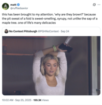 A "quote-tweet":https://knowyourmeme.com/memes/quote-retweets-qrts of the image of gymnast "Livvy Dunne":https://knowyourmeme.com/memes/people/olivia-livvy-dunne with her arms up, showing her armpits with pit stains at a Pittsburgh Pirates game. 