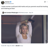A "quote-tweet":https://knowyourmeme.com/memes/quote-retweets-qrts of the image of gymnast "Livvy Dunne":https://knowyourmeme.com/memes/people/olivia-livvy-dunne with her arms up, showing her armpits with pit stains at a Pittsburgh Pirates game. 