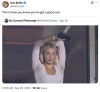 A "quote-tweet":https://knowyourmeme.com/memes/quote-retweets-qrts of the image of gymnast "Livvy Dunne":https://knowyourmeme.com/memes/people/olivia-livvy-dunne with her arms up, showing her armpits with pit stains at a Pittsburgh Pirates game. 