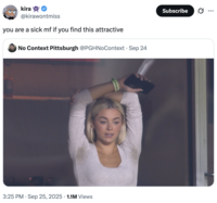 A "quote-tweet":https://knowyourmeme.com/memes/quote-retweets-qrts of the image of gymnast "Livvy Dunne":https://knowyourmeme.com/memes/people/olivia-livvy-dunne with her arms up, showing her armpits with pit stains at a Pittsburgh Pirates game. 
