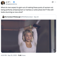 A "quote-tweet":https://knowyourmeme.com/memes/quote-retweets-qrts of the image of gymnast "Livvy Dunne":https://knowyourmeme.com/memes/people/olivia-livvy-dunne with her arms up, showing her armpits with pit stains at a Pittsburgh Pirates game. 