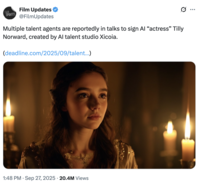 A "tweet":https://knowyourmeme.com/memes/sites/twitter-x about Tilly Norwood, an "AI":https://knowyourmeme.com/memes/cultures/ai-artificial-intelligence actress, launched in September 2025 by the "British":https://knowyourmeme.com/memes/british-people-briish "AI talent studio" Xicoia.