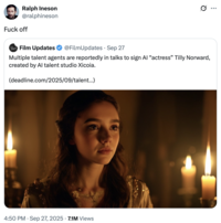 A "tweet":https://knowyourmeme.com/memes/sites/twitter-x about Tilly Norwood, an "AI":https://knowyourmeme.com/memes/cultures/ai-artificial-intelligence actress, launched in September 2025 by the "British":https://knowyourmeme.com/memes/british-people-briish "AI talent studio" Xicoia.