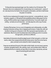 A response from Eline Van Der Velden, the creator of Tilly Norwood, an "AI":https://knowyourmeme.com/memes/cultures/ai-artificial-intelligence actress, launched in September 2025 by the "British":https://knowyourmeme.com/memes/british-people-briish "AI talent studio" Xicoia.