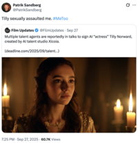 A "quote-tweet":https://knowyourmeme.com/memes/quote-retweets-qrts about Tilly Norwood, an "AI":https://knowyourmeme.com/memes/cultures/ai-artificial-intelligence actress, launched in September 2025 by the "British":https://knowyourmeme.com/memes/british-people-briish "AI talent studio" Xicoia.