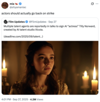 A "quote-tweet":https://knowyourmeme.com/memes/quote-retweets-qrts about Tilly Norwood, an "AI":https://knowyourmeme.com/memes/cultures/ai-artificial-intelligence actress, launched in September 2025 by the "British":https://knowyourmeme.com/memes/british-people-briish "AI talent studio" Xicoia.