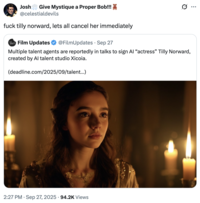 A "quote-tweet":https://knowyourmeme.com/memes/quote-retweets-qrts about Tilly Norwood, an "AI":https://knowyourmeme.com/memes/cultures/ai-artificial-intelligence actress, launched in September 2025 by the "British":https://knowyourmeme.com/memes/british-people-briish "AI talent studio" Xicoia.