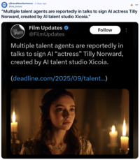 A "Reddit":https://knowyourmeme.com/memes/sites/reddit post echoing the news about Tilly Norwood, an "AI":https://knowyourmeme.com/memes/cultures/ai-artificial-intelligence actress, launched in September 2025 by the "British":https://knowyourmeme.com/memes/british-people-briish "AI talent studio" Xicoia.