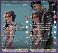 Screenshots of a TikTok post about the book "The Company of Vengeful Crows." The videos starts with an image of Blake Hartley, one of the book's protagonists and love interest of protagonist River, under the caption, "What happens when you stumble into a fae world wearing sparkling, forbidden 'plastic' clothes?" River then appears from the right side of the screen and holds Blake from behind, his hand on her breast, under the caption, "A dangerous crow boy whose job is to destroy plastic becomes obsessed with you."