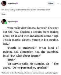 A Tumblr post. The post reads, "I’m about to buy and read the crow plastic romantasy book."