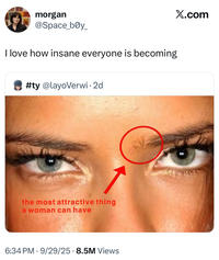 A "quote-tweet":https://knowyourmeme.com/memes/quote-retweets-qrts making fun of the "the most attractive thing a woman can have" image circling an eyebrow cowlick.