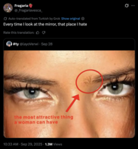 A "quote-tweet":https://knowyourmeme.com/memes/quote-retweets-qrts making fun of the "the most attractive thing a woman can have" image circling an eyebrow cowlick.
