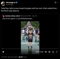 A "meme":https://knowyourmeme.com/memes/memes in "quote-tweet":https://knowyourmeme.com/memes/quote-retweets-qrts form joking about the "AI videos":https://knowyourmeme.com/memes/cultures/ai-video of women breaking glass bridges with giant rocks.