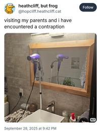 heathcliff, but frog @hopcliff.heathcliff.cat visiting my parents and i have encountered a contraption September 28, 2025 at 9:42 PM Follow ALT