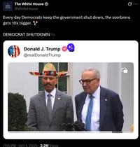 The White House WHITE HOUSE @WhiteHouse Every day Democrats keep the government shut down, the sombrero gets 10x bigger. DEMOCRAT SHUTDOWN™M Donald J. Trump @realDonaldTrump 7:55 PM Oct 1, 2025 2.2M Views