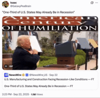 X user @GalaxyPeaBrain posted a GIF featuring the "Michael Jordan No No No":https://knowyourmeme.com/memes/michael-jordan-no-no-no-reaction reaction and text that read, "The American Century of Humiliation." The post was in reaction to a news headline that read, "U.S. Manufacturing and Construction Facing Recession-Like Conditions — FT One-Third of U.S. States May Already Be in Recession — FT."
