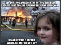 DM:SO AS YOU APPROACH THE HUT YOU OVER HEAR KOBOLDS AND GOBLINS PLANNING THEIR AMBUSH OF YOU. 38 BRAND NEW LVL 5 WIZARD: WANNA SEE ME F*CK SH*T UP?