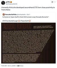 Tweet that reads, "I honestly think she developed secondhand CTE from close proximity to Travis Kelce."