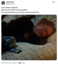 X user @Aileendruiz posted an image of a crying Emma Watson alongside lyrics from Taylor Swift's song "Eldest Daughter," "Every eldest daughter / Was the first lamb to the slaughter / So we all dressed up as wolves and we looked fire."