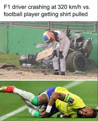 F1 driver crashing at 320 km/h vs. football player getting shirt pulled