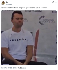 A "tweet":https://knowyourmeme.com/memes/sites/twitter-x using the image of "Charlie Kirk":https://knowyourmeme.com/memes/people/charlie-kirk with his eyes closed moments before he "was shot and killed at Utah Valley University":https://knowyourmeme.com/memes/events/charlie-kirk-shooting-at-utah-valley-university in September 2025. The image became a controversial "reaction image":https://knowyourmeme.com/memes/reaction-images on "Twitter / X":https://knowyourmeme.com/memes/sites/twitter-x in the following weeks.