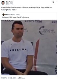 A "tweet":https://knowyourmeme.com/memes/sites/twitter-x using the image of "Charlie Kirk":https://knowyourmeme.com/memes/people/charlie-kirk with his eyes closed moments before he "was shot and killed at Utah Valley University":https://knowyourmeme.com/memes/events/charlie-kirk-shooting-at-utah-valley-university in September 2025. The image became a controversial "reaction image":https://knowyourmeme.com/memes/reaction-images on "Twitter / X":https://knowyourmeme.com/memes/sites/twitter-x in the following weeks.