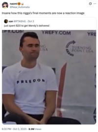 A "tweet":https://knowyourmeme.com/memes/sites/twitter-x using the image of "Charlie Kirk":https://knowyourmeme.com/memes/people/charlie-kirk with his eyes closed moments before he "was shot and killed at Utah Valley University":https://knowyourmeme.com/memes/events/charlie-kirk-shooting-at-utah-valley-university in September 2025. The image became a controversial "reaction image":https://knowyourmeme.com/memes/reaction-images on "Twitter / X":https://knowyourmeme.com/memes/sites/twitter-x in the following weeks.
